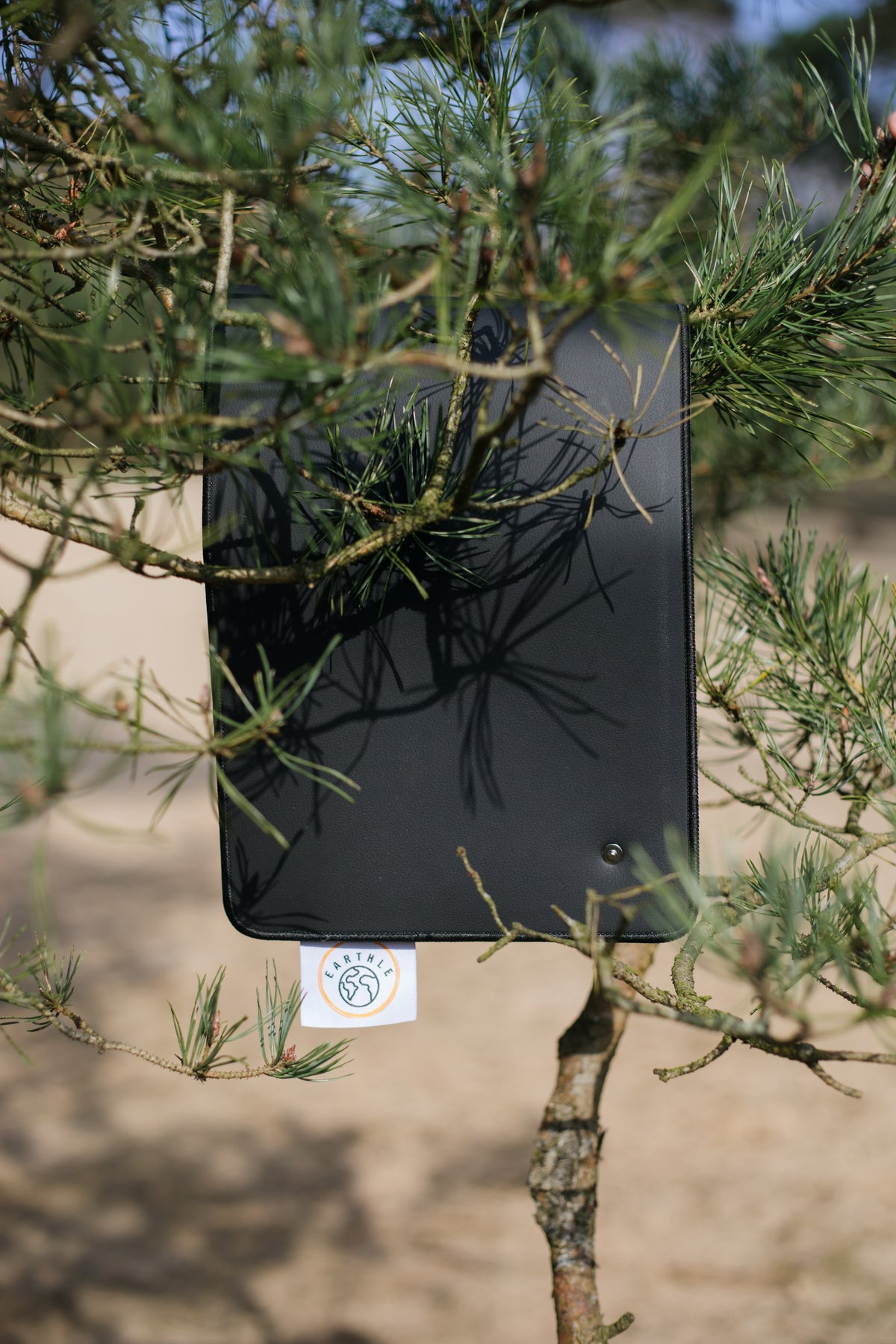 Tapis de bureau de mise à la terre Earthle suspendu à une branche de pin en forêt