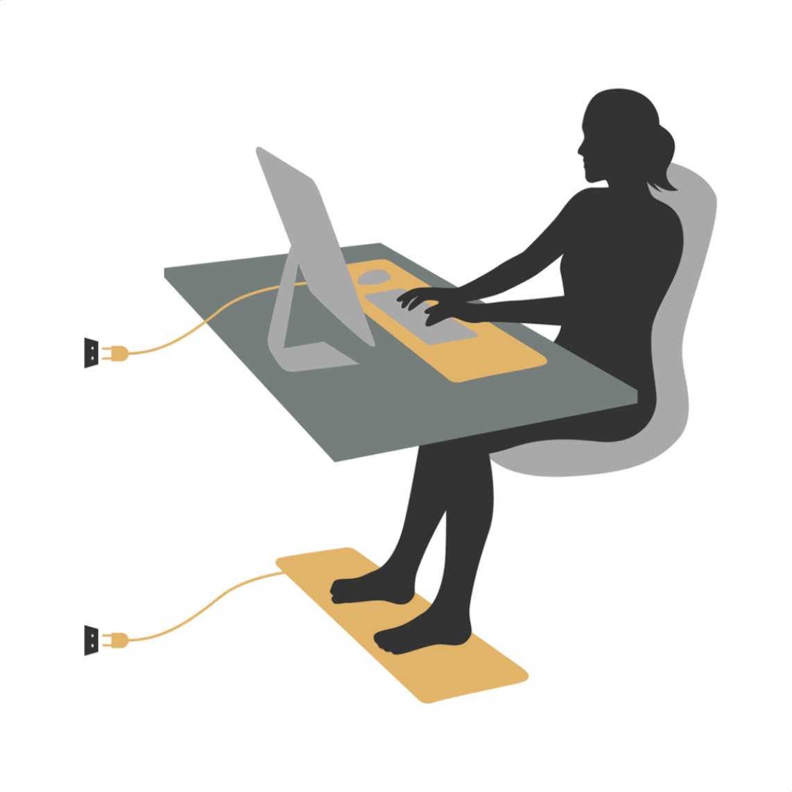 Illustration d'une personne à son bureau avec un tapis relié à la terre sous les mains et un second sous les pieds