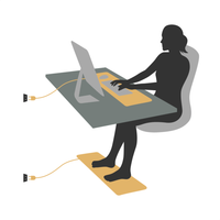 Illustration d'une personne à son bureau avec un tapis relié à la terre sous les mains et un second sous les pieds