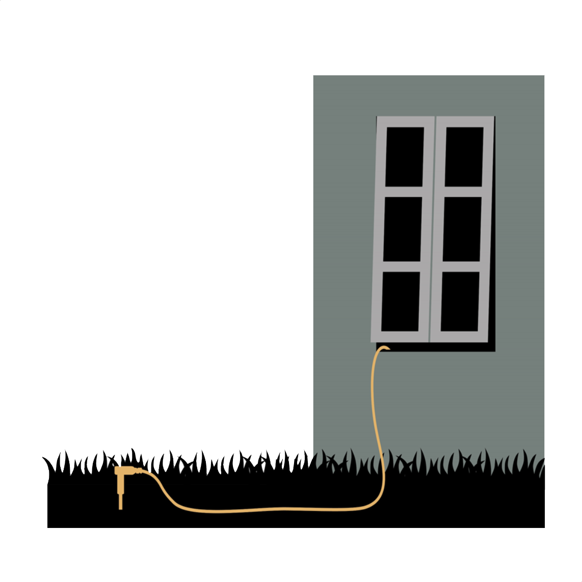 Illustratie van een aardingspin in de tuin met de kabel door het raam naar binnen