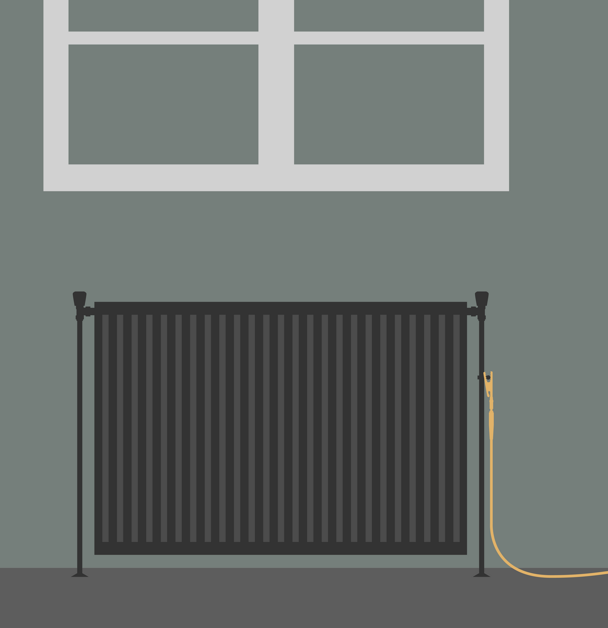 Illustratie van een radiator met de aardingsklem eraan en de kabel de kamer in