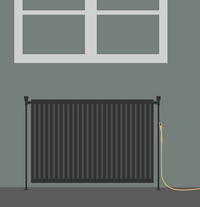 Illustratie van een radiator met de aardingsklem eraan en de kabel de kamer in